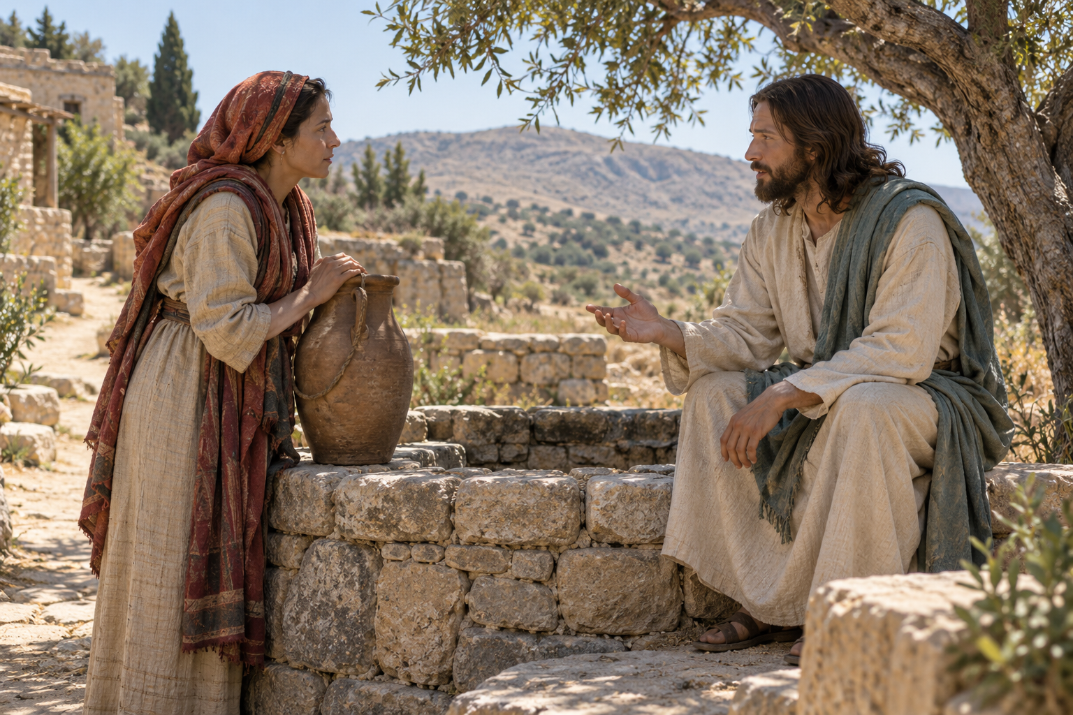 Jesus speaks with the Samaritan woman beside a stone well in the Samaritan countryside