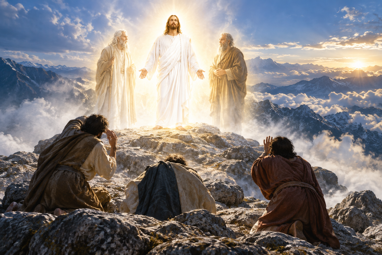 Jesus shines in glory on a mountain while three disciples kneel before Him