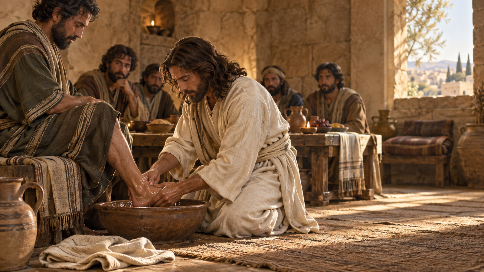 Jesus kneels to wash a disciple’s feet in a first-century upper room while other disciples watch
