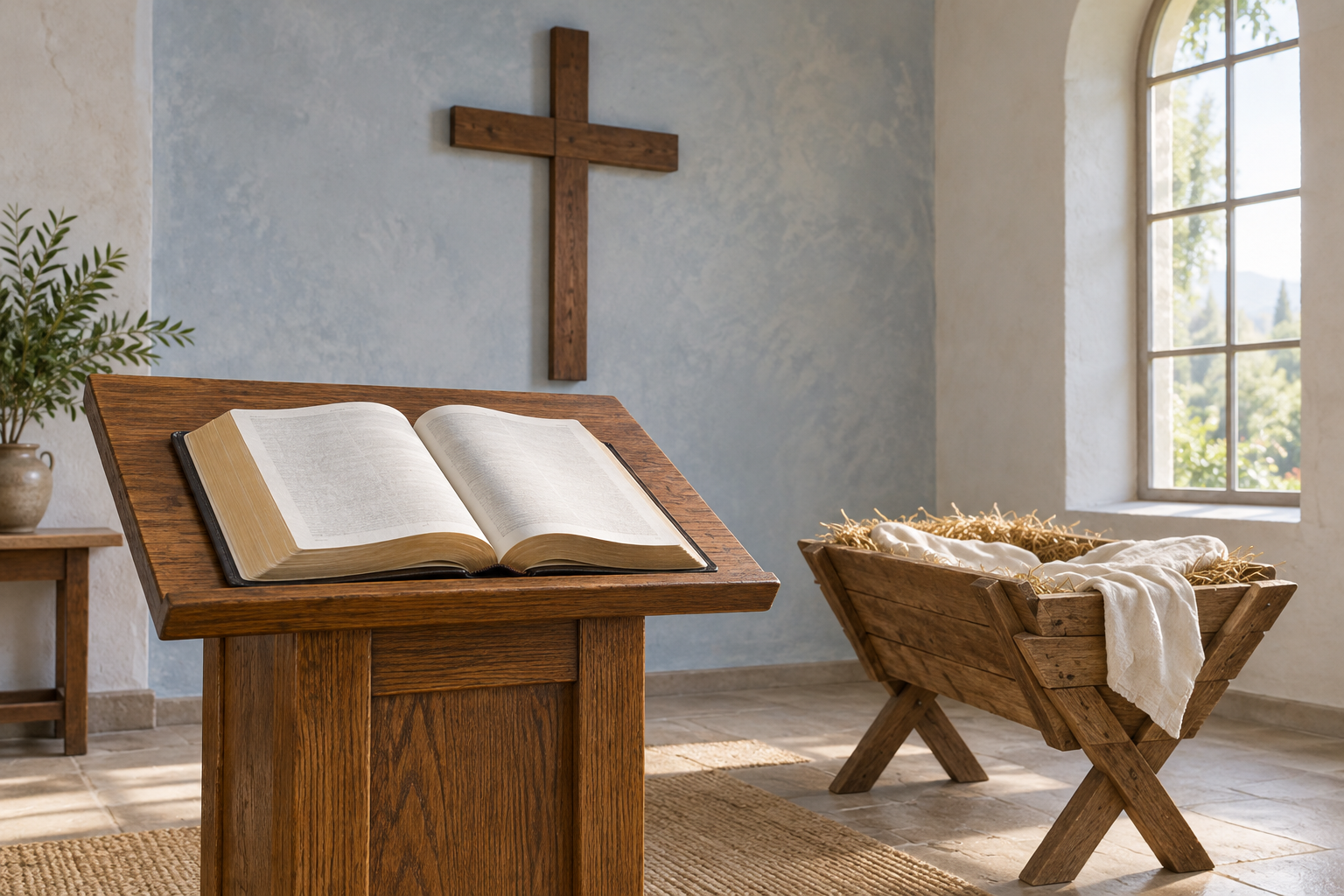 An open Bible rests on a wooden lectern beside an empty manger beneath a cross in a bright room