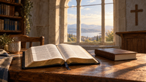 An open Bible and a plain closed volume rest on a wooden table in a sunlit study room
