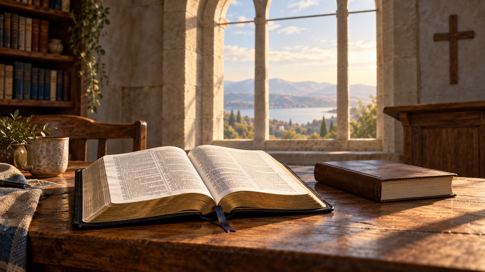 An open Bible and a plain closed volume rest on a wooden table in a sunlit study room