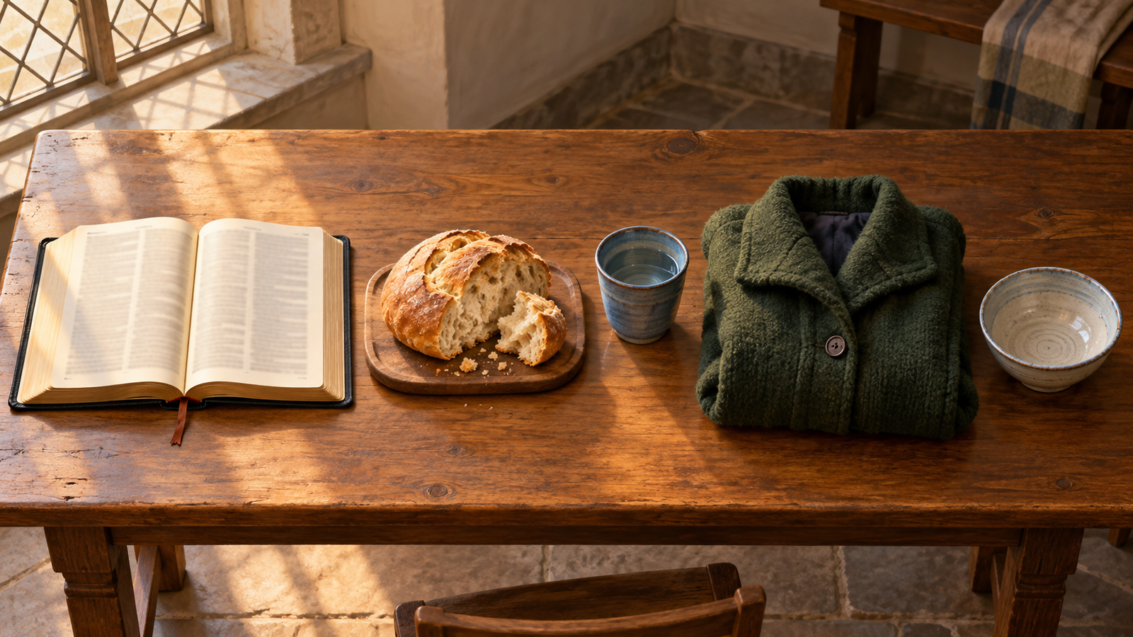 An open Bible rests beside bread, water, a warm coat, and a bowl on a wooden table