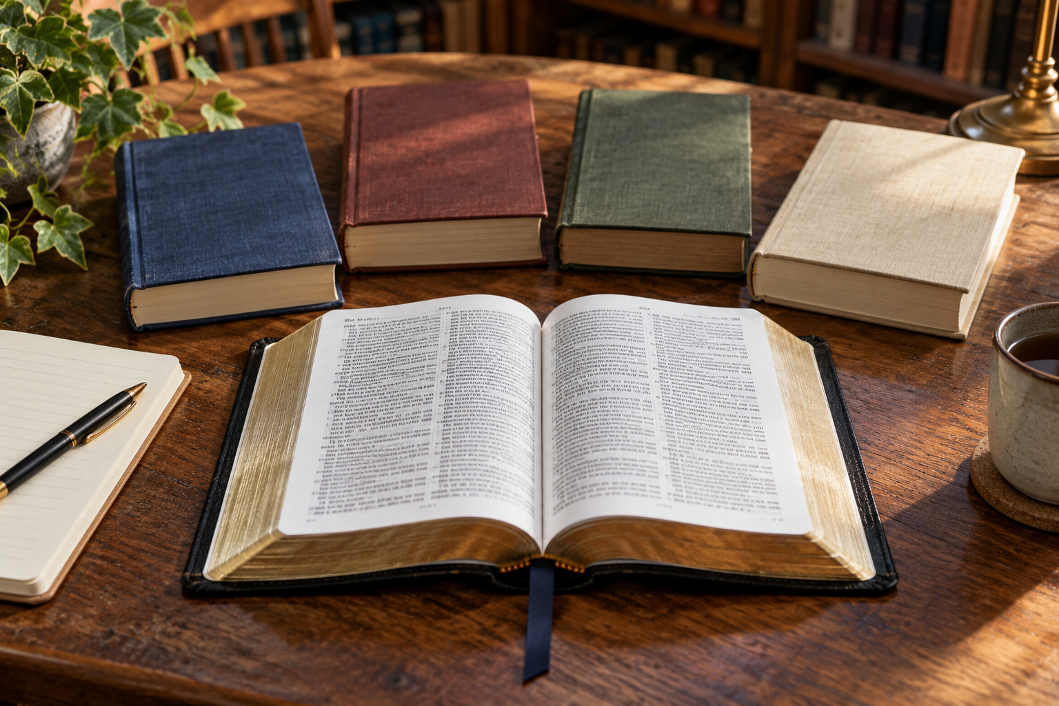 An open Bible sits in front of four plain bound volumes on a library table