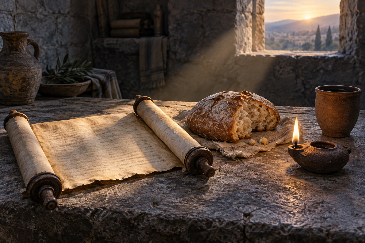 An ancient scroll, loaf of bread, and oil lamp rest on a stone table in morning light