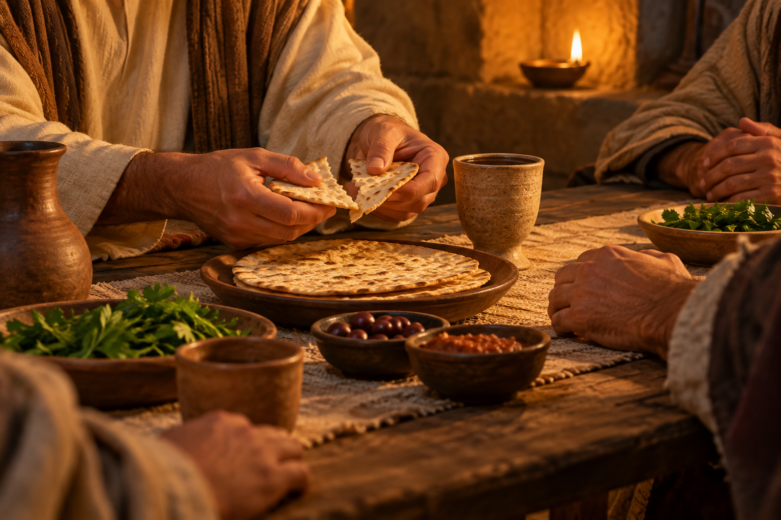 Bread is broken beside a plain cup at a simple first-century meal