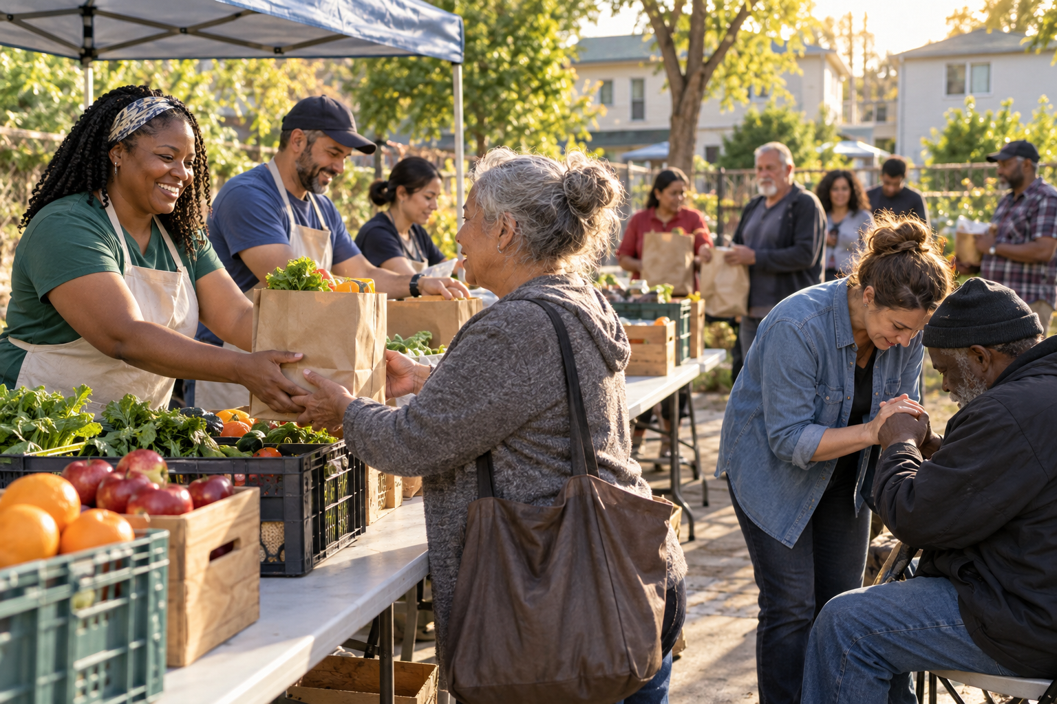Christian volunteers serve neighbours at a community food table outside a simple meeting hall