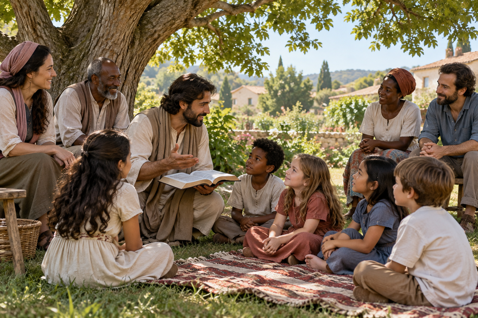 A small group of believers teaches children from an open Bible beneath a broad shade tree