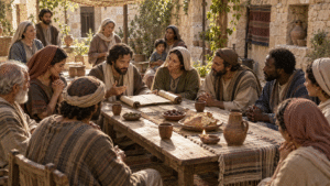An early Christian house church gathers around an open scroll, bread, and a shared table in warm daylight