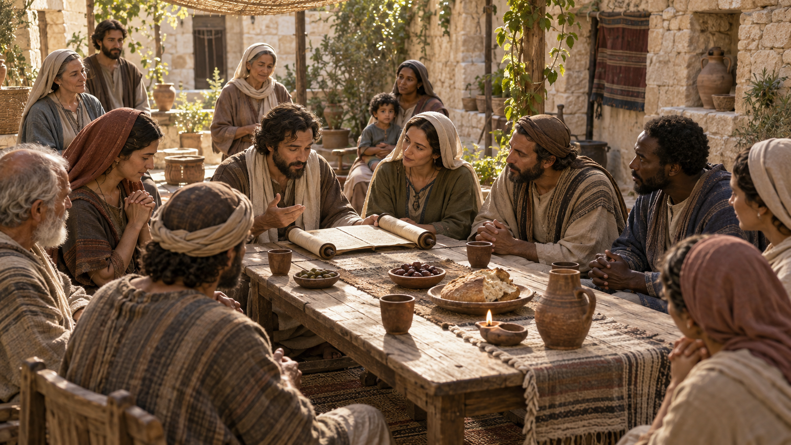 An early Christian house church gathers around an open scroll, bread, and a shared table in warm daylight