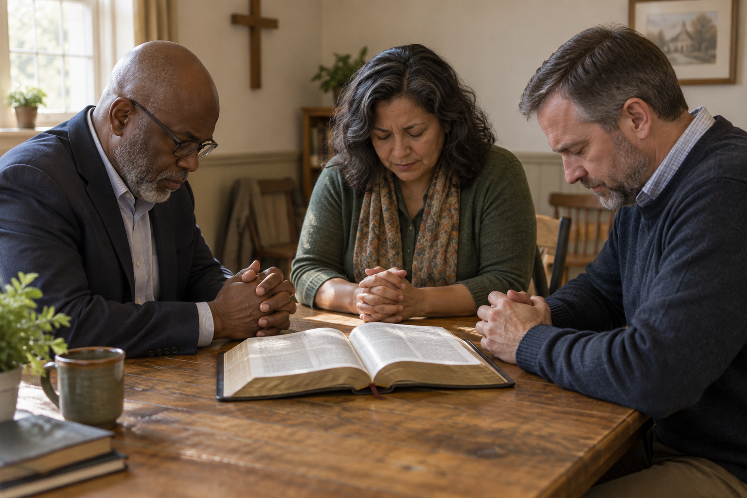 Three church leaders pray around an open Bible in a quiet side room