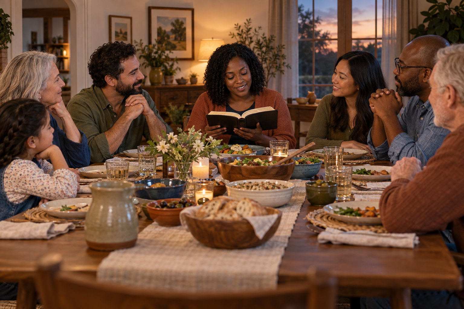 A diverse group of believers shares a meal around a home table while one person reads Scripture