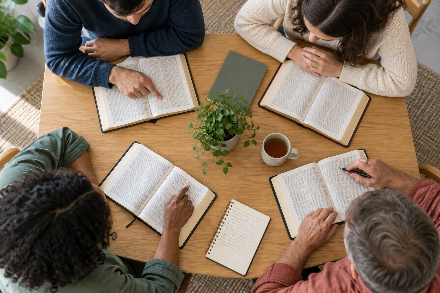 Four Christians study open Bibles around a table during a Bible study