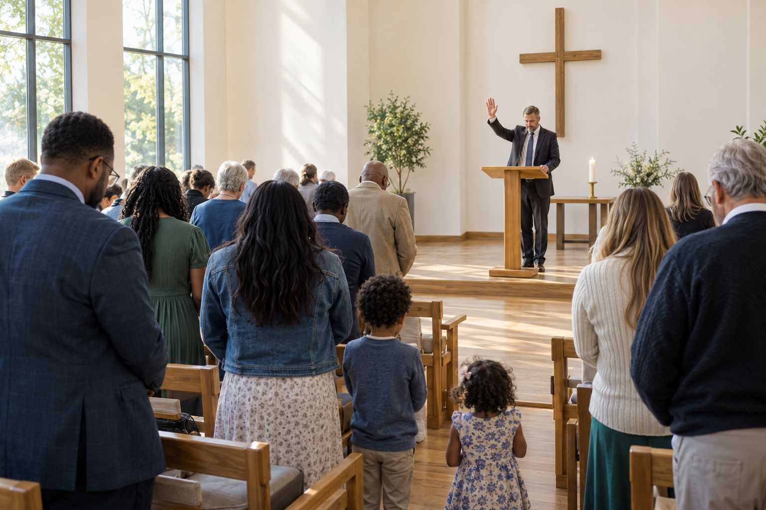 A diverse Christian congregation receives a closing benediction in a bright church