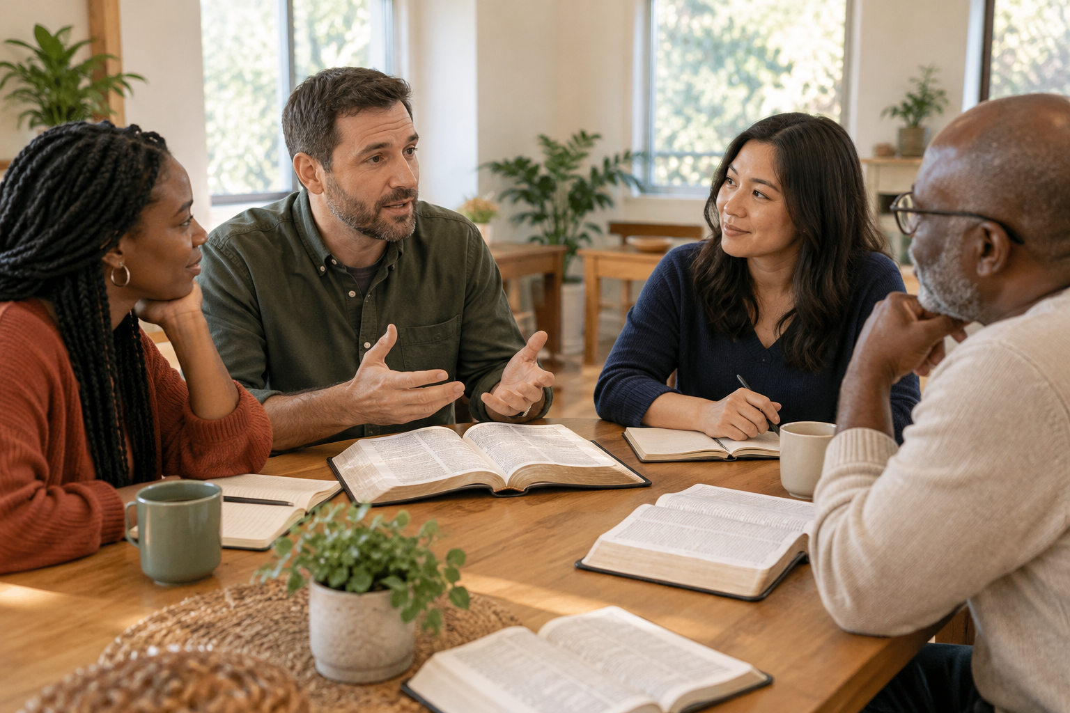 A diverse Christian group studies open Bibles together around a wooden table
