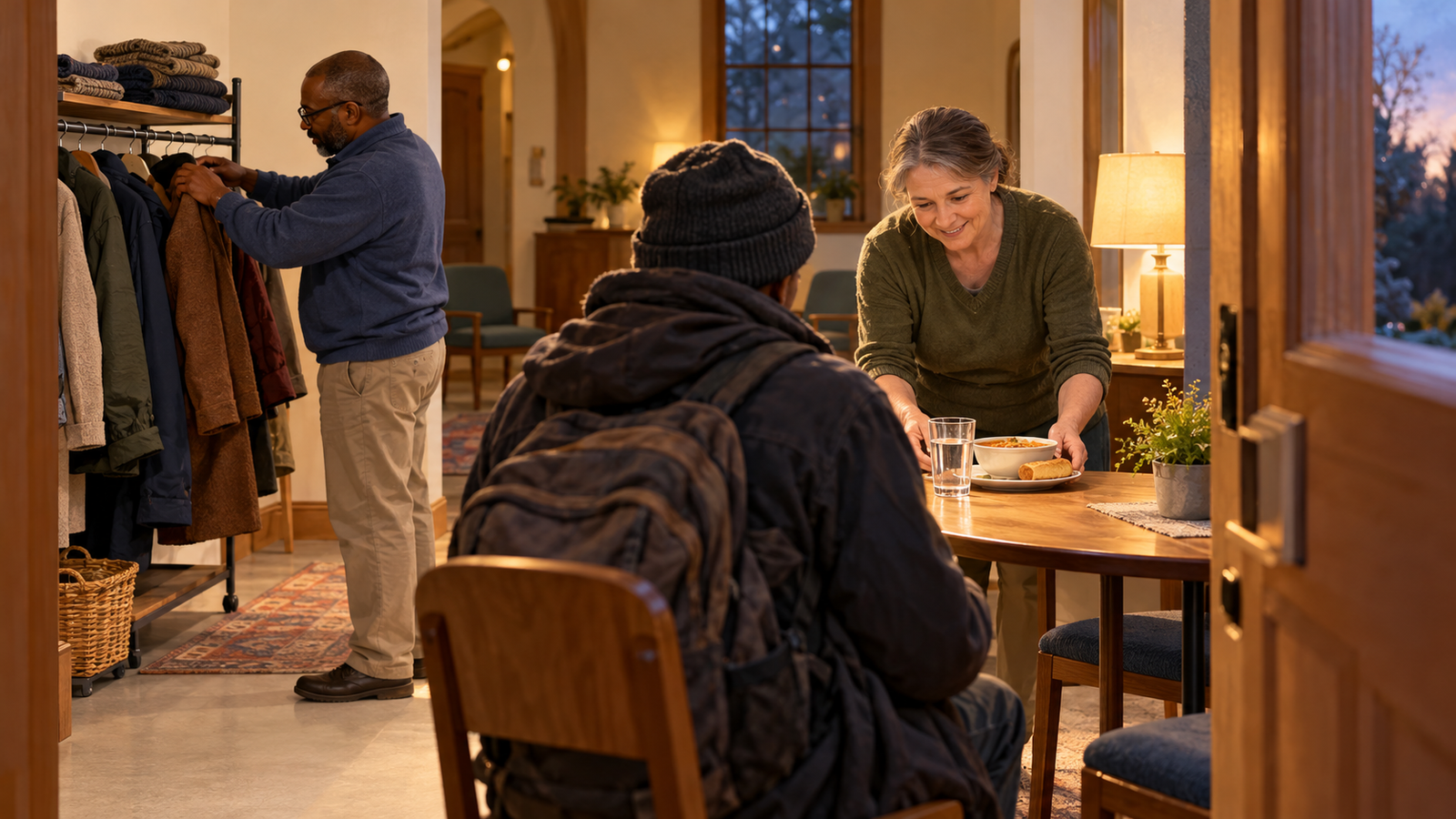 Church volunteers prepare coats, a meal, and water for a guest in a warm welcome room