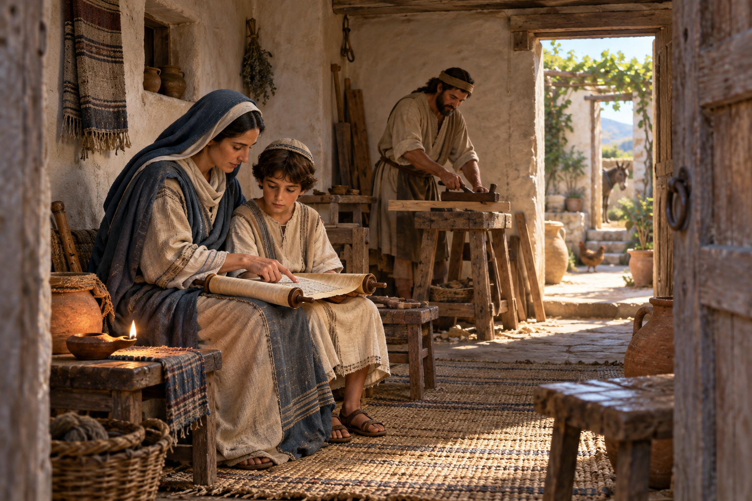 A Jewish mother teaches a child from a scroll while a father works with wood in a first-century home