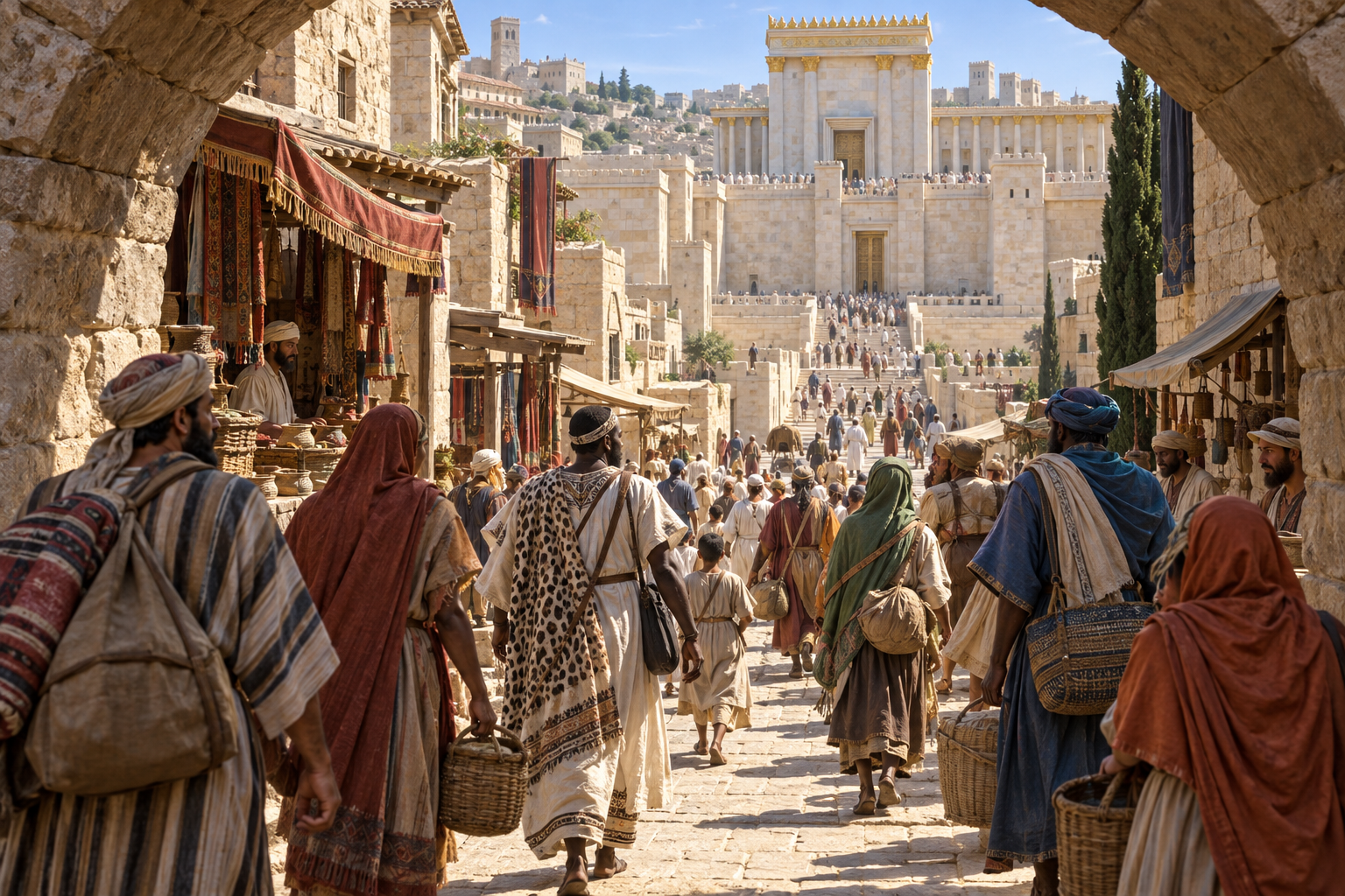 Travelers move through an ancient Jerusalem street toward the Temple courts
