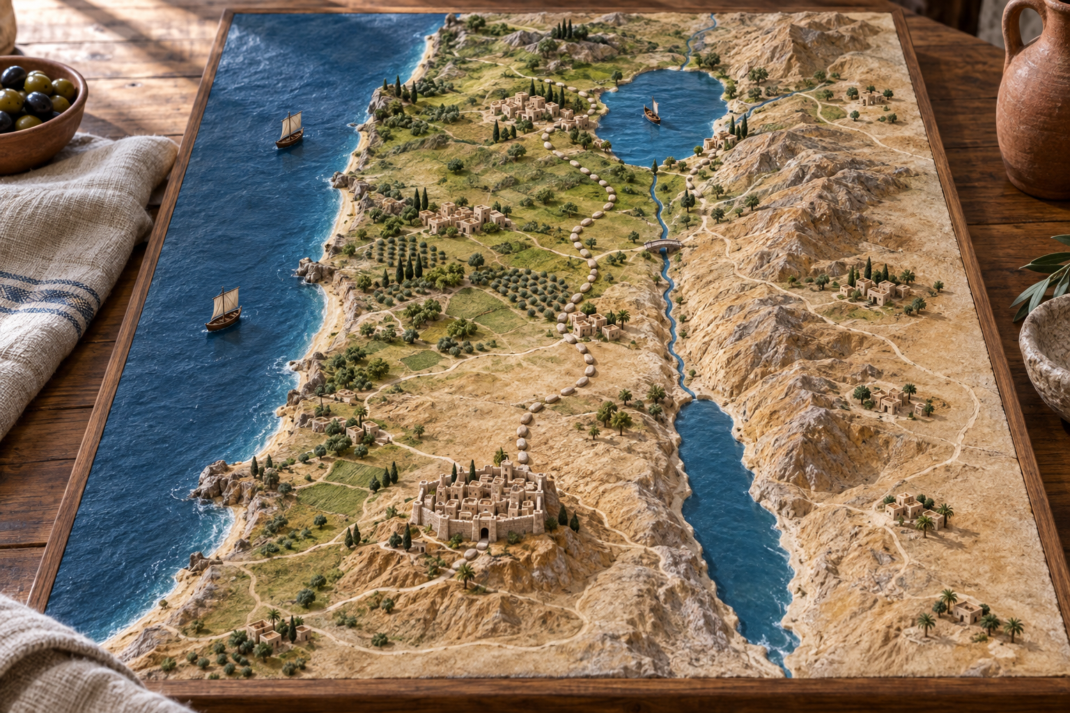 A handcrafted relief map shows Galilee, Judea, roads, villages, a lake, and Jerusalem