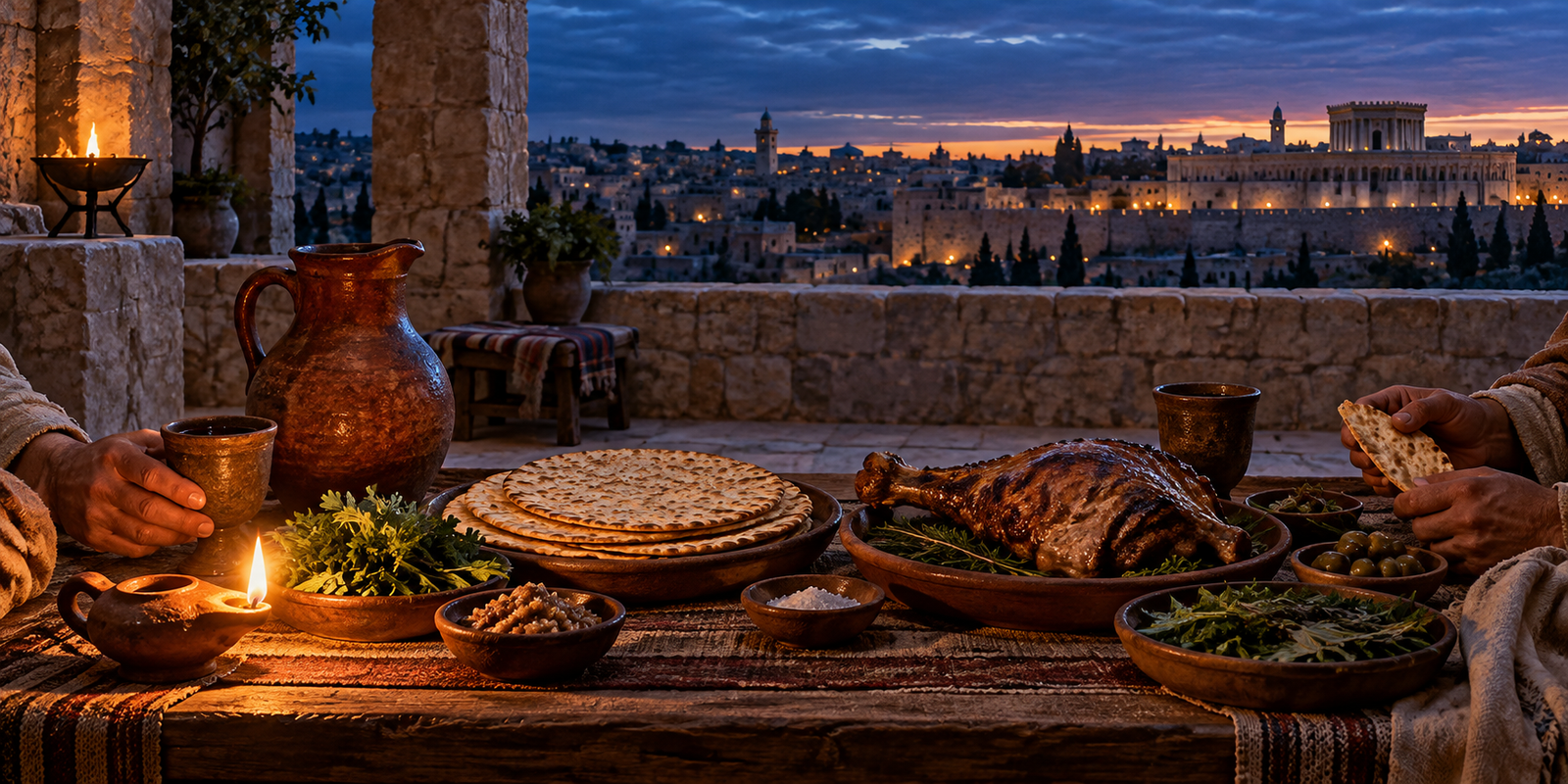Unleavened bread, herbs, a cup, and a prepared meal rest on a courtyard table at dusk