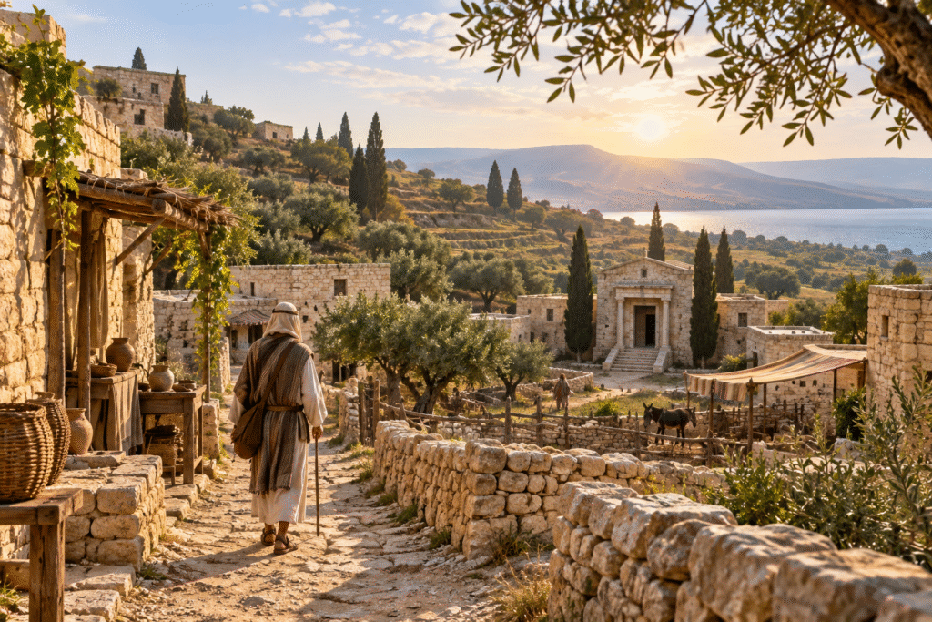 A first-century Galilee village with stone homes, olive terraces, and a traveler on a hillside path