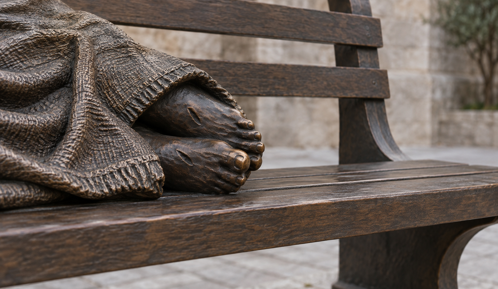 Bronze feet with crucifixion scars extend from beneath a blanket on a wooden bench