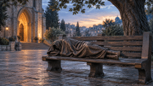 A bronze Homeless Jesus sculpture rests under a blanket on a park bench beside an empty seat