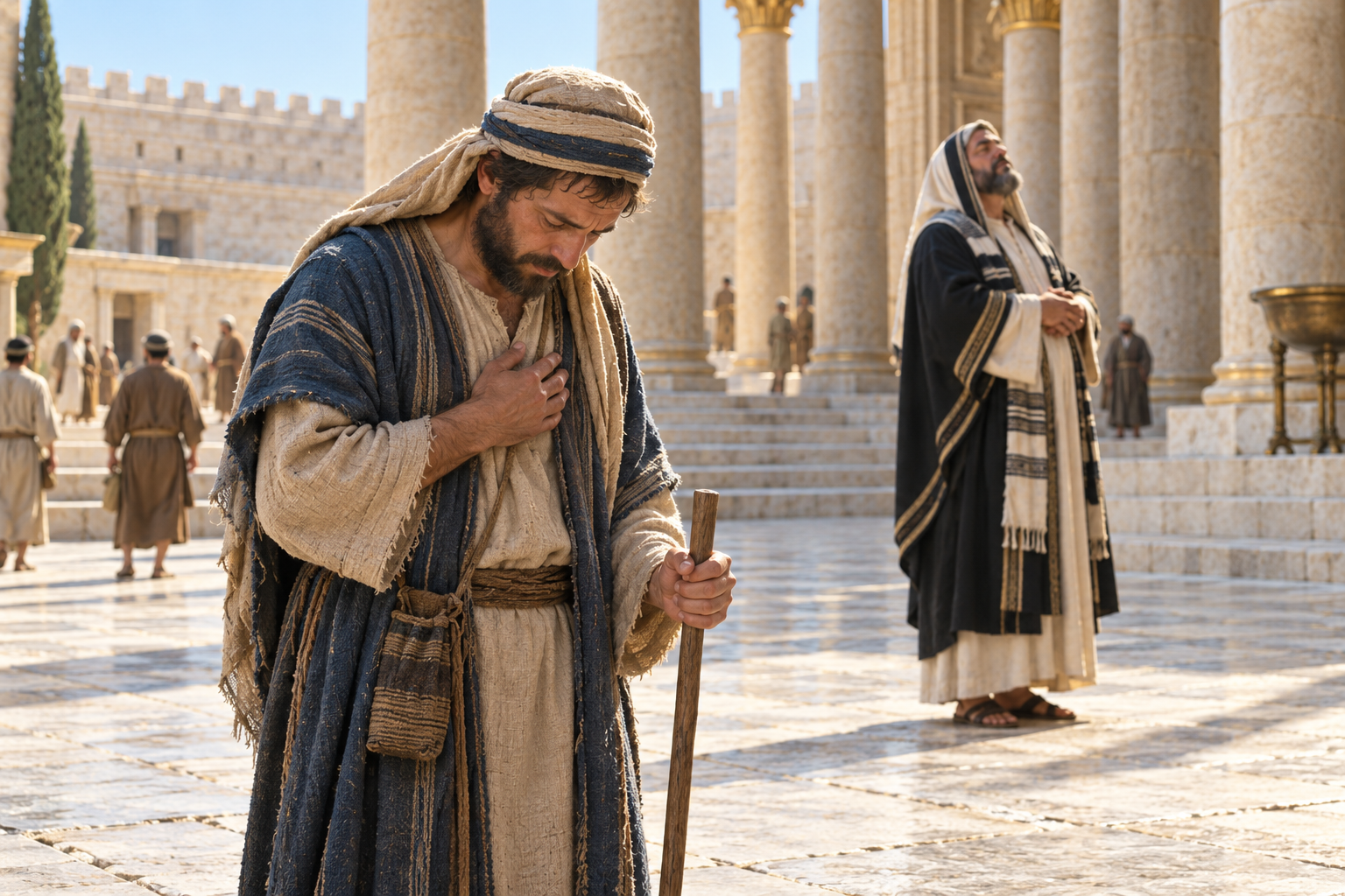 A humble tax collector prays with lowered eyes in the Jerusalem temple courtyard