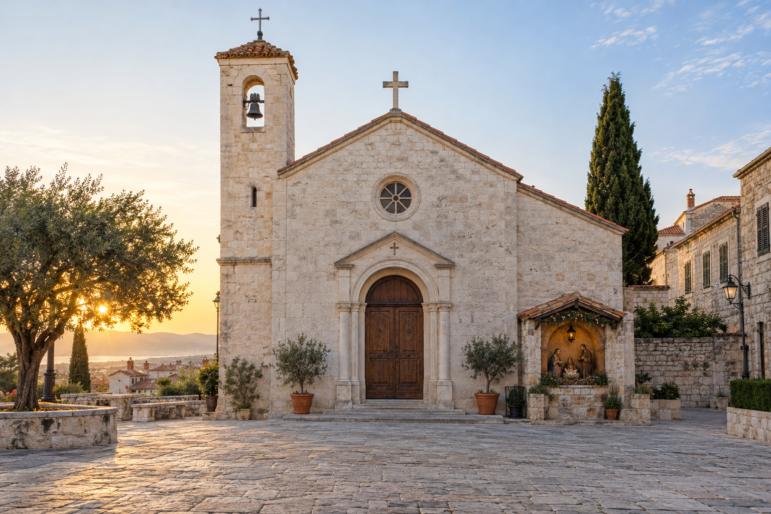 A pale stone church with a small bell tower stands in warm morning light beside a nativity alcove