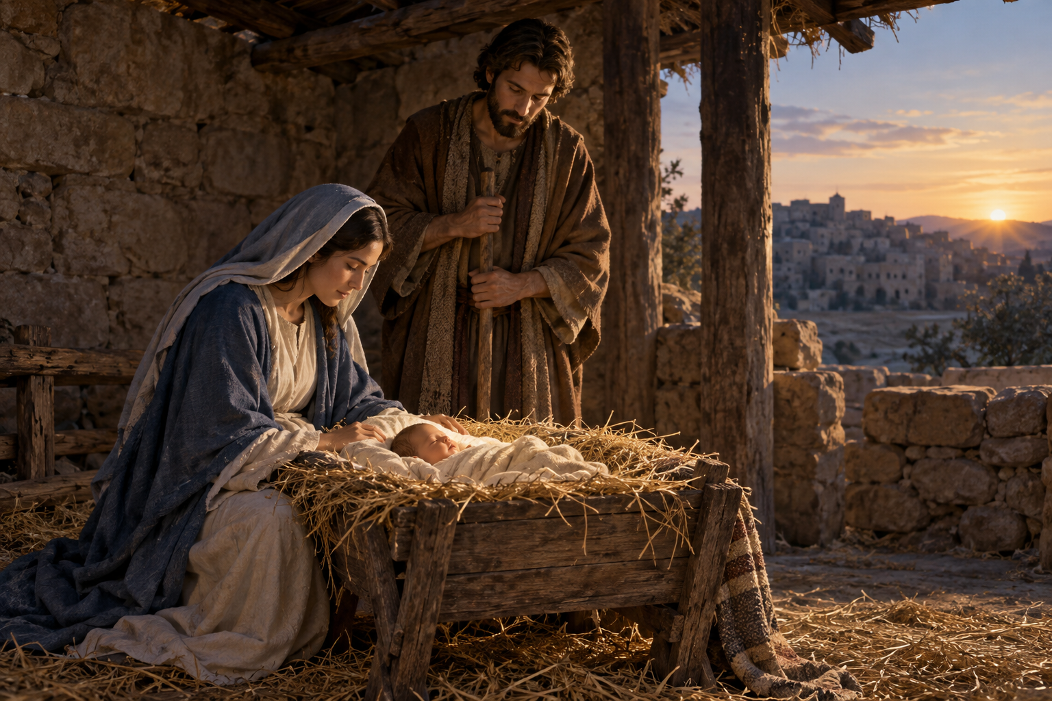 Mary and Joseph look toward the infant Jesus resting in a manger inside a simple stone shelter