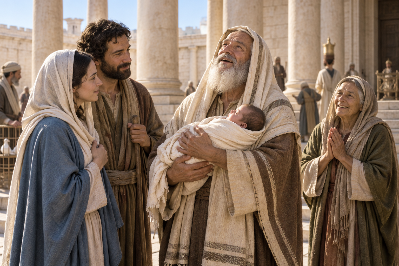 Simeon holds the infant Jesus at the Temple while Mary, Joseph, Anna, and worshippers gather nearby