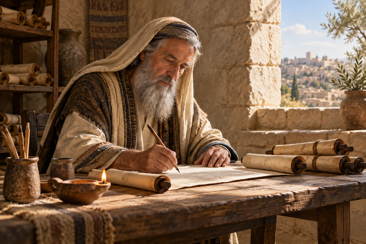 The prophet Isaiah writes on a parchment scroll beside an oil lamp in a stone room