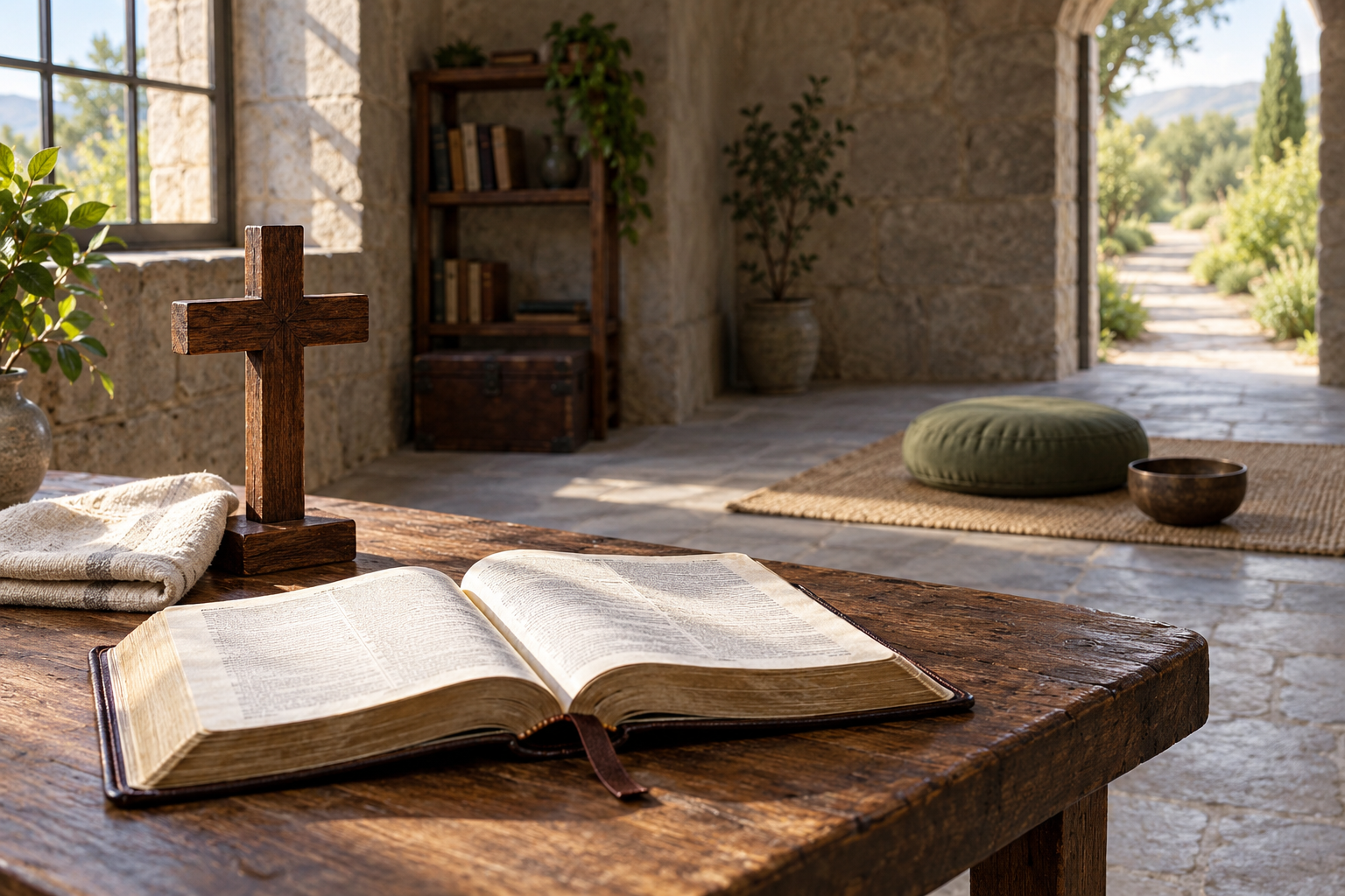 An open Bible and wooden cross sit in the foreground while a meditation cushion rests in a separate room
