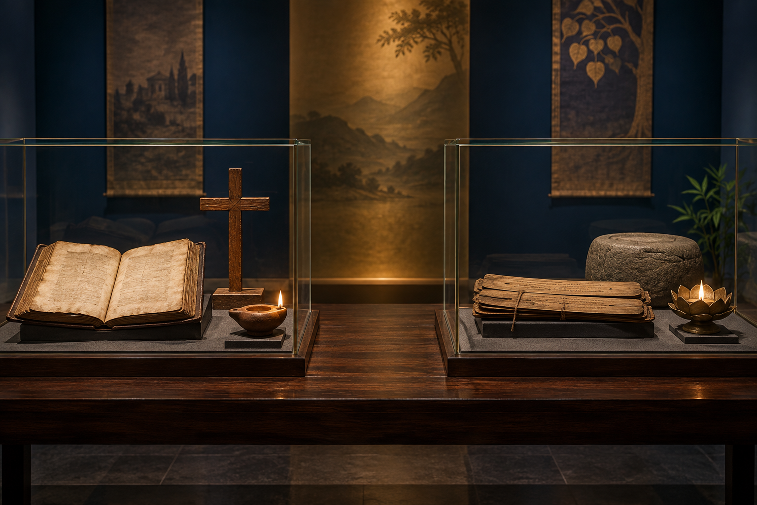 Two separate museum displays show a Gospel manuscript and cross beside a palm leaf manuscript and meditation objects