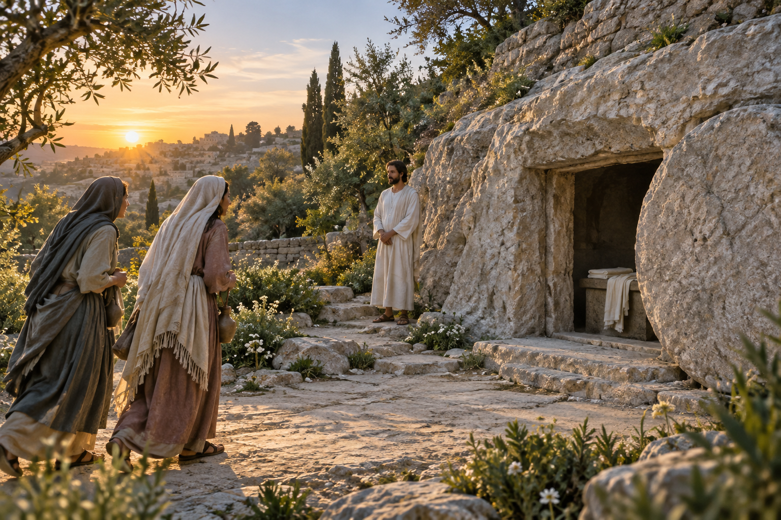 Two women approach an open rock tomb at dawn with folded linen inside