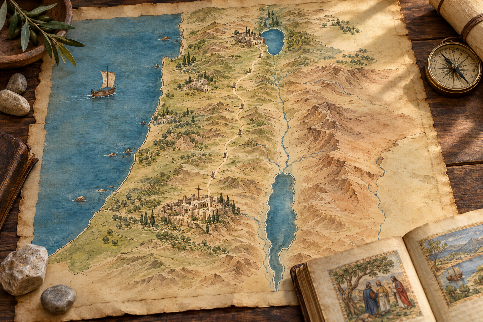 A parchment map shows a route through Galilee toward Jerusalem beside an open Gospel book