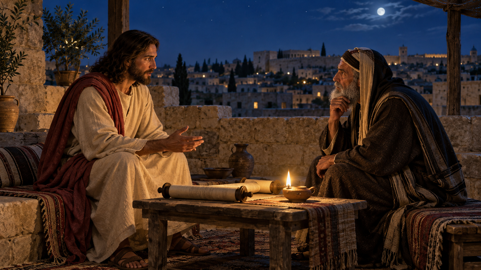 Jesus speaks with Nicodemus beside an oil lamp on a Jerusalem rooftop at night