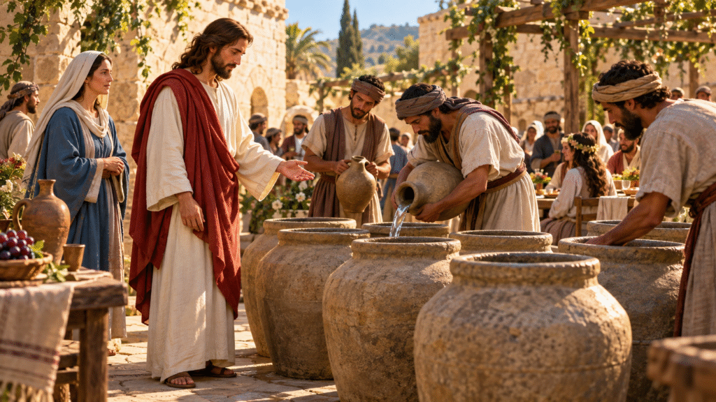 Jesus stands beside stone water jars while servants work at a wedding in Cana