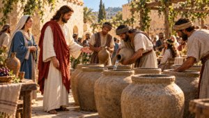 Jesus stands beside stone water jars while servants work at a wedding in Cana