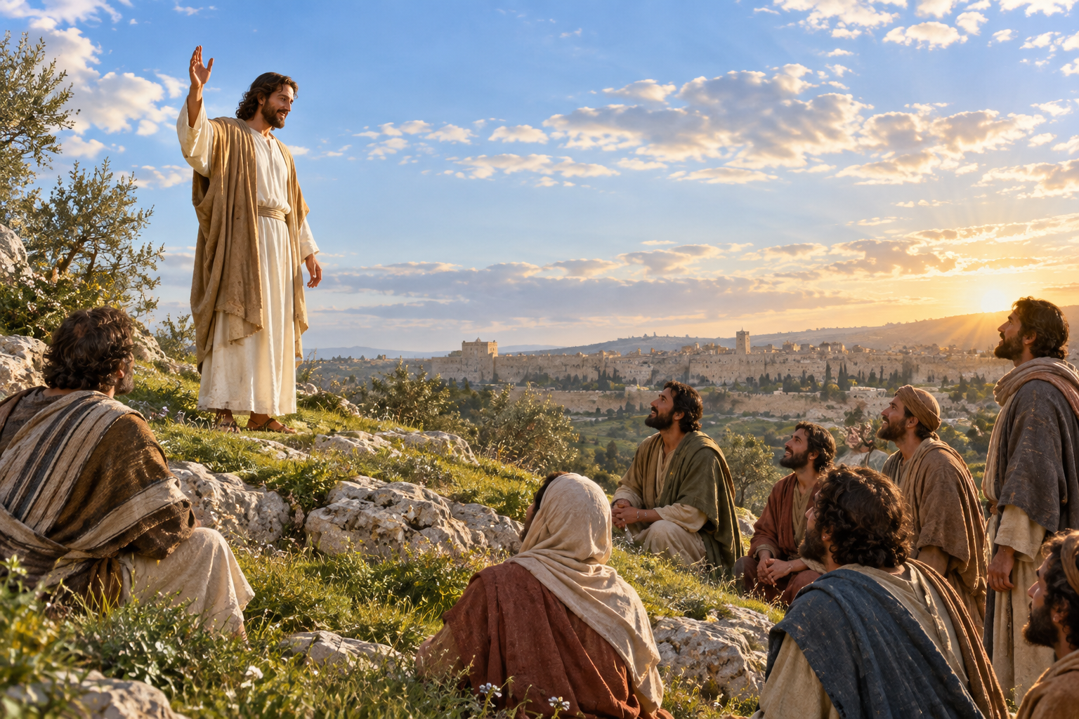 The risen Jesus raises His hand to bless disciples on a hillside near Jerusalem