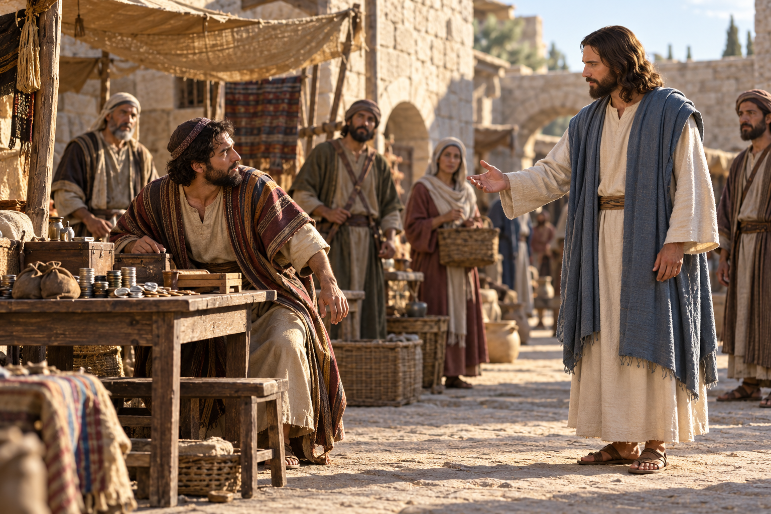 Jesus calls a man to follow Him beside a simple table in a Galilean market