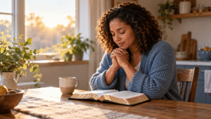A woman prays beside an open Bible in warm morning light