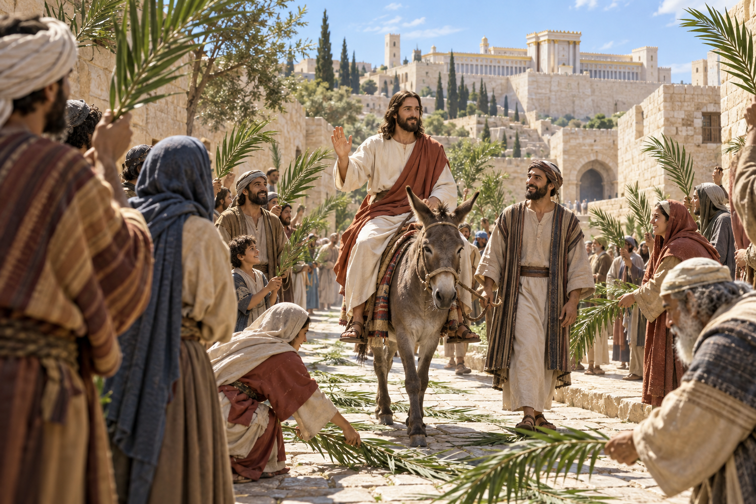 Jesus rides a donkey into Jerusalem as people lay palm branches along the stone street