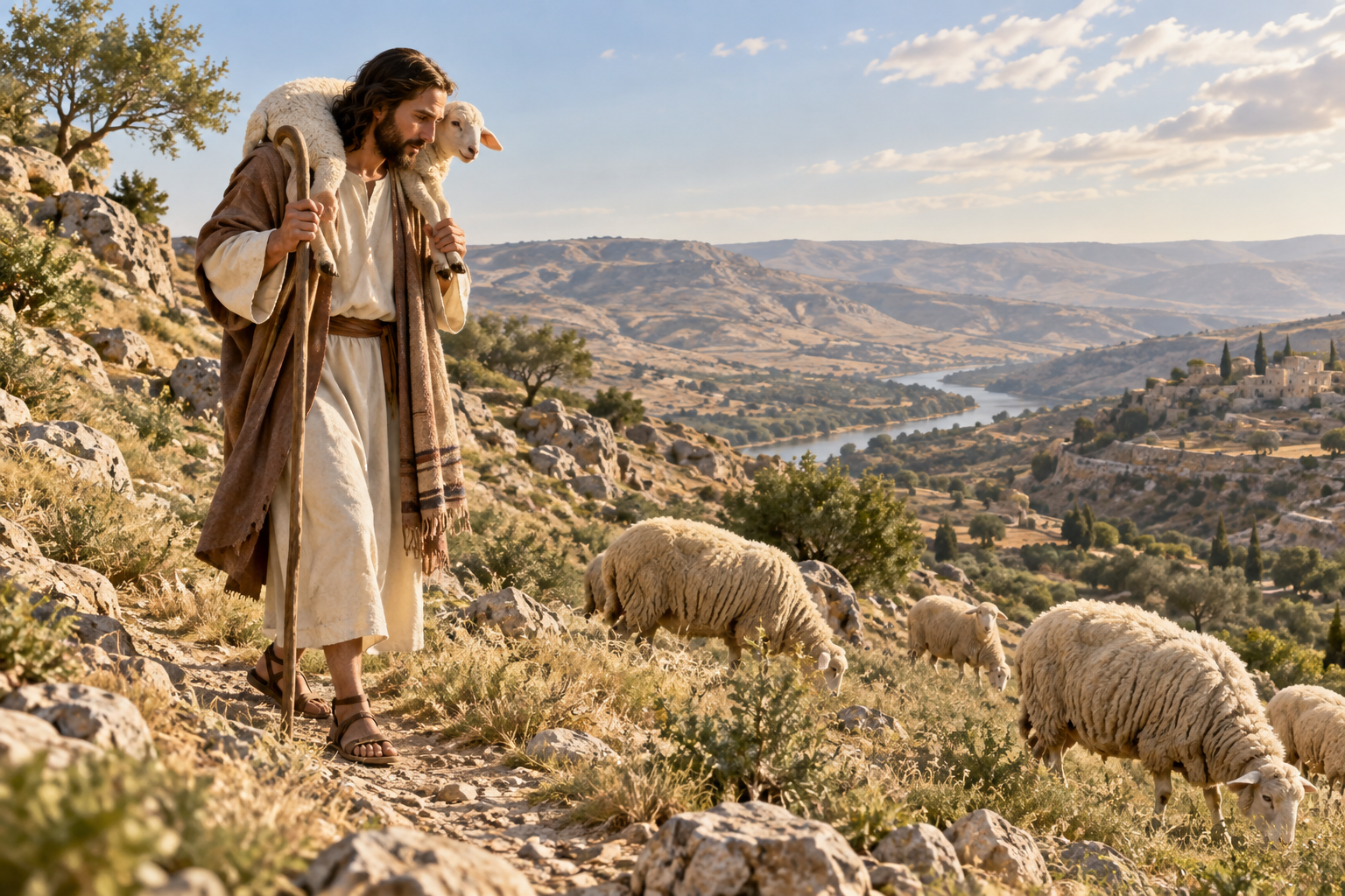 Jesus carries a lamb across rocky Judean hills while a small flock grazes below