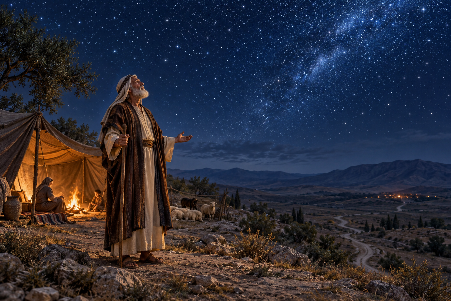 Abraham stands outside his tent beneath a sky filled with stars