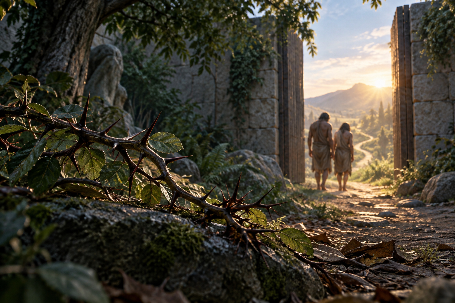 A thorn branch lies before a garden gate as two people walk toward morning light