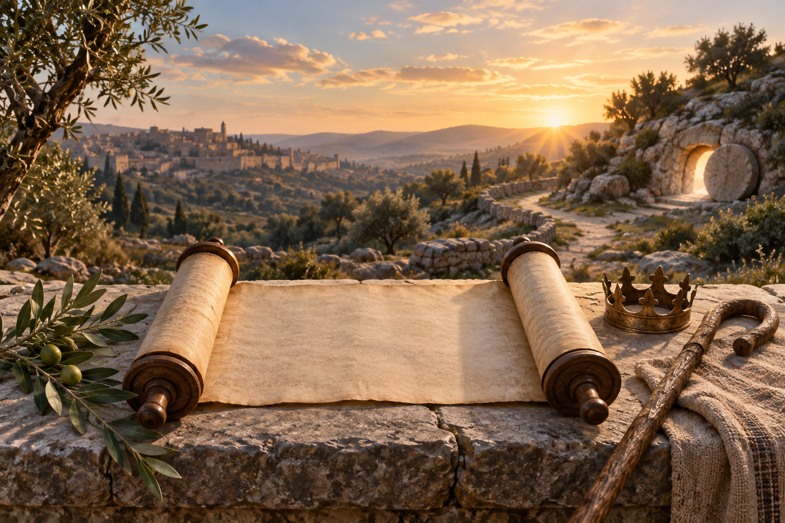 An open Scripture scroll rests on a stone table beside a crown and staff with an empty tomb in the distance