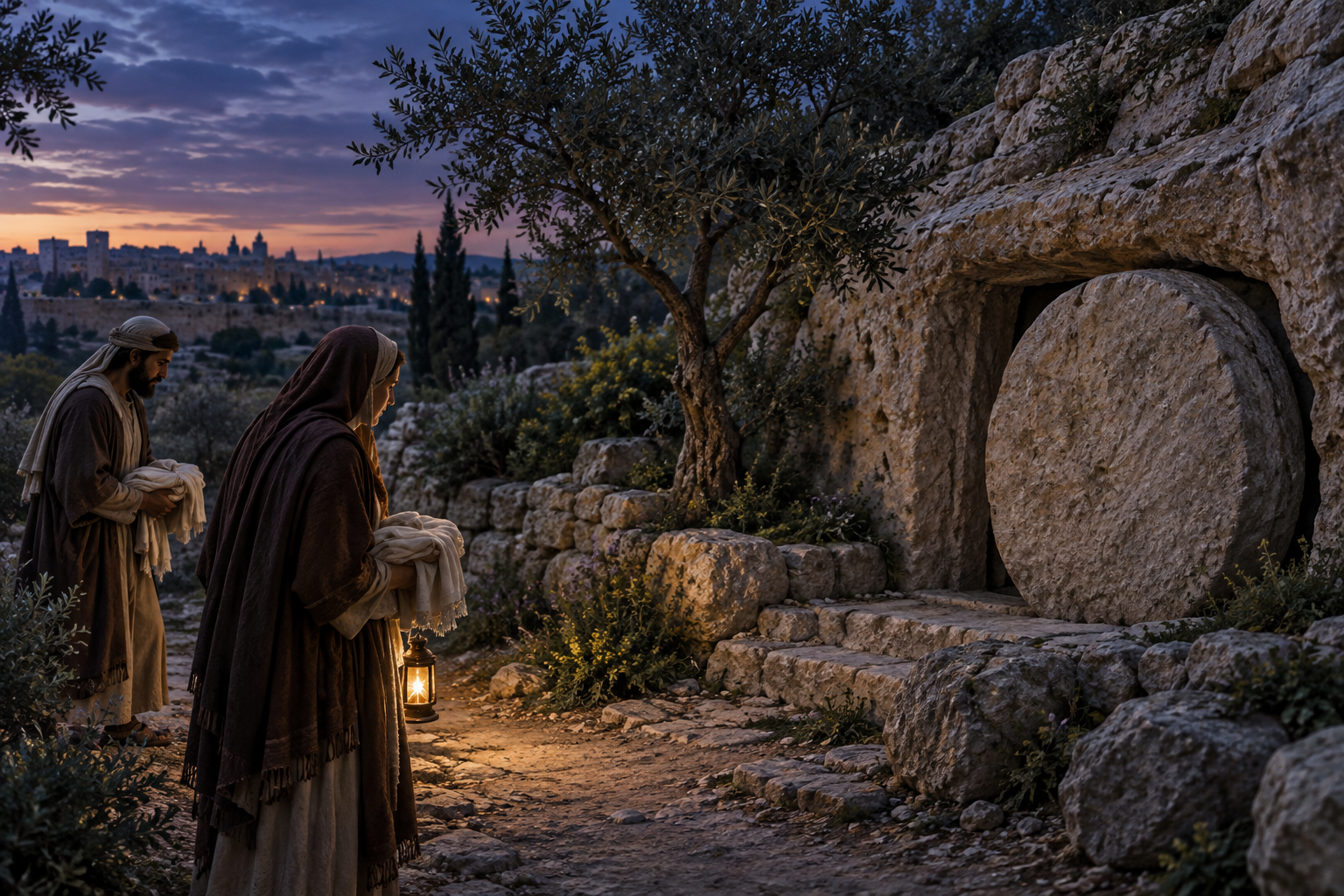 Two followers carry folded linen toward a sealed rock-cut tomb at dusk