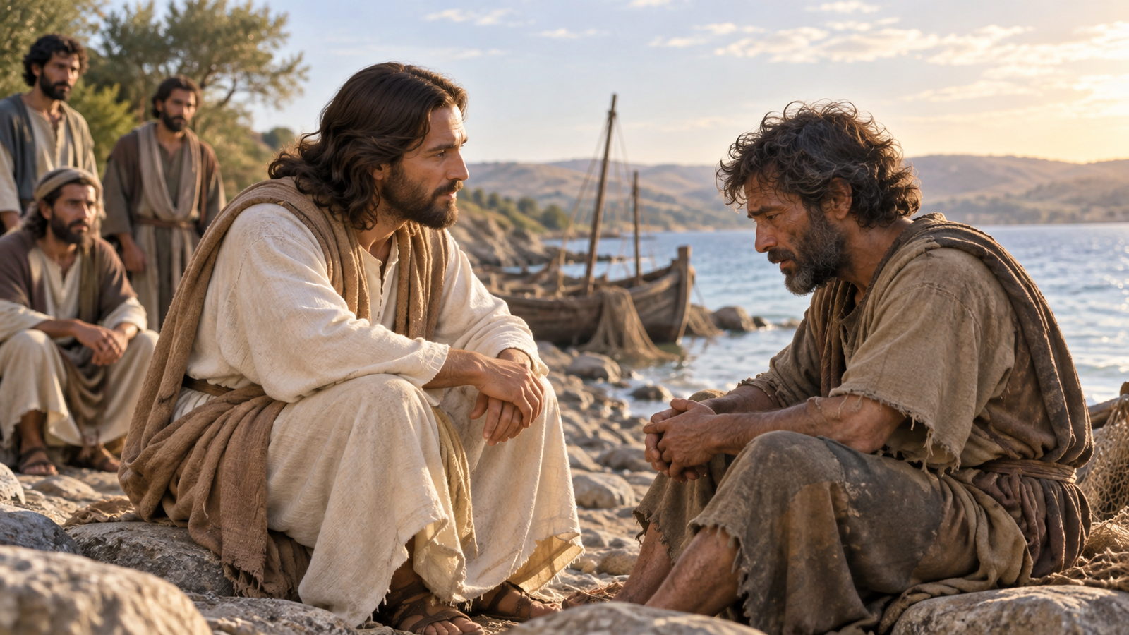 Jesus listens with compassion to a weary man beside the Galilean lake