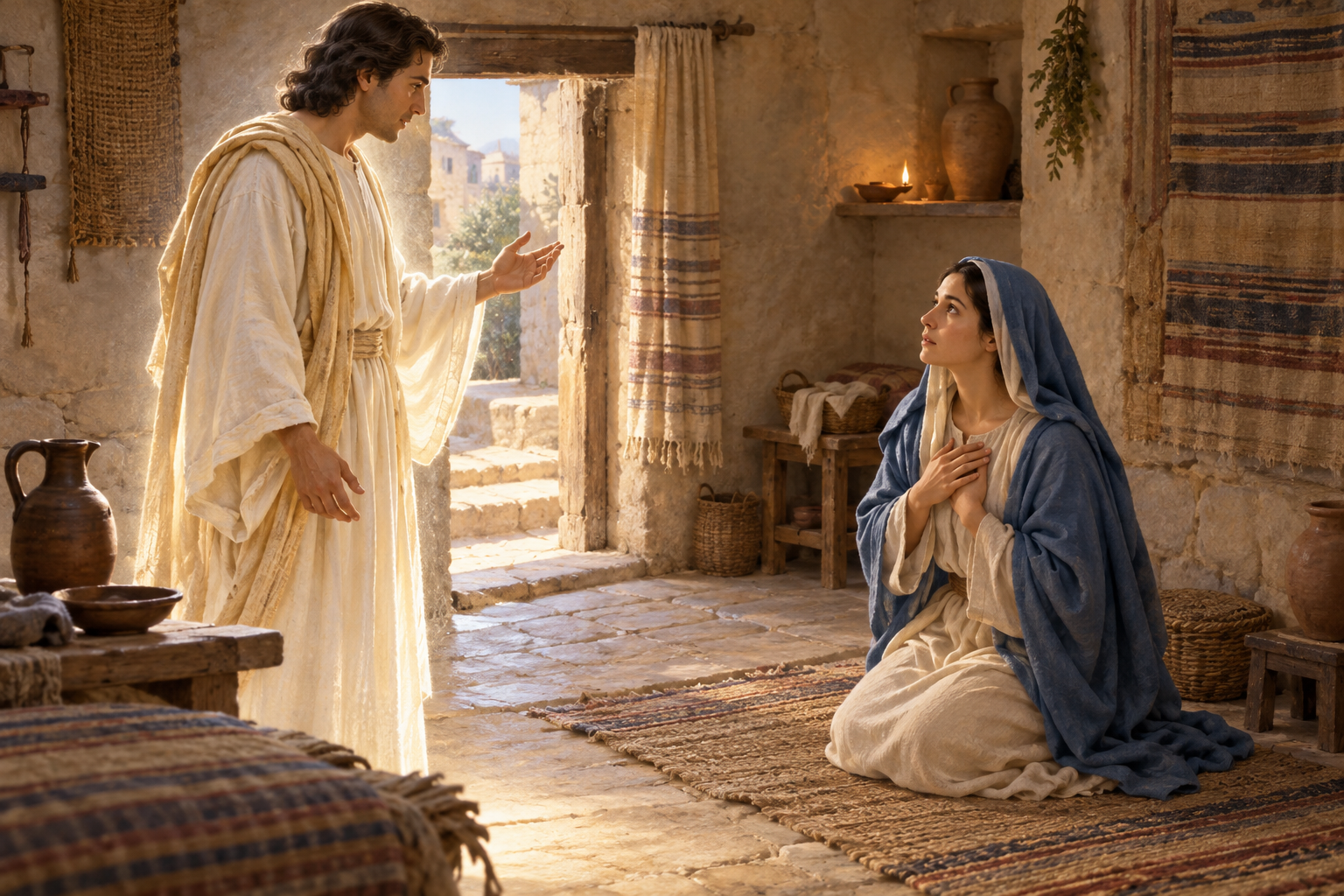 Mary kneels in a Nazareth home as Gabriel announces the birth of Jesus